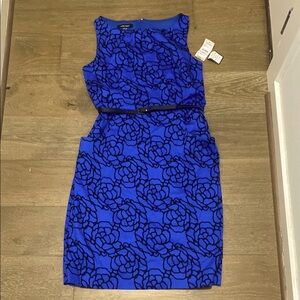 Nine West Blue Black Rose Floral Career Cocktail Work Dress Pockets Belt 6 S